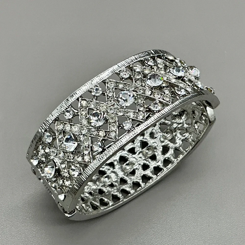 Cuff Bracelet Women Silver Tone Rhinestone Lattice Hinged Statement Jewelry